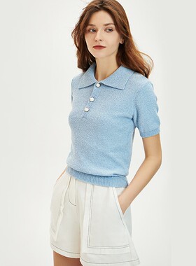 全织时代 2025春夏新款百搭简约雾霾蓝POLO领打底衫短袖t恤上衣