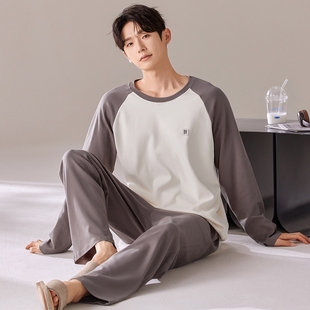 秋季男士纯棉长袖睡衣青中年薄款可外穿韩版春秋冬天家居服两件套