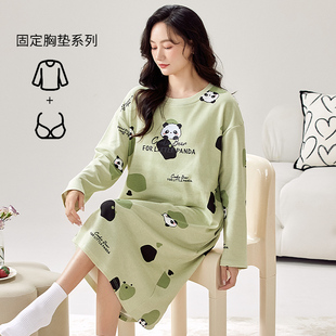 带胸垫长袖睡裙女春秋冬季甜美可爱纯棉薄款睡衣韩版可外穿连衣裙