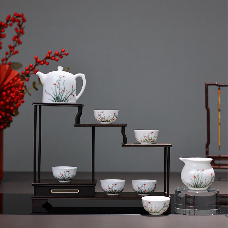 朵云轩茶器 手绘粉彩茶具 兰花 山水 茶具套装礼盒 手绘粉彩