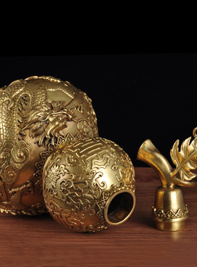 金色龙凤铜葫芦摆件一对黄铜家居装饰品新中式客厅玄关招财工艺品