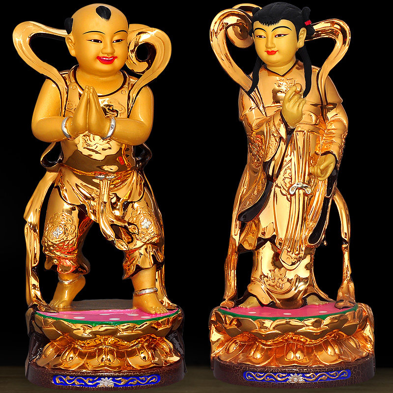 全铜鎏金善财童子龙女佛像供奉金童玉女良女观音菩萨佛像摆件
