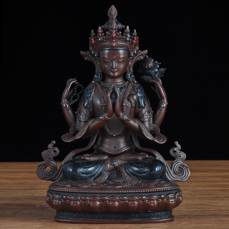 四臂观音摆件佛像藏传密宗菩萨尼泊尔工艺品家居佛堂寺庙供奉铜像