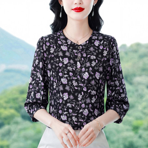 中年百搭碎花雪纺七分袖显瘦衬衫