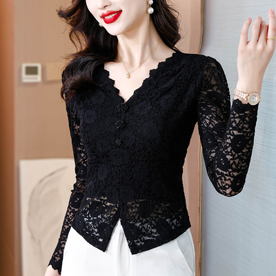 蕾丝打底衫女上衣秋卡腰黑色上衣