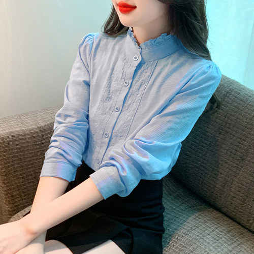 纯棉长袖衬衫春秋中年女上衣小衫