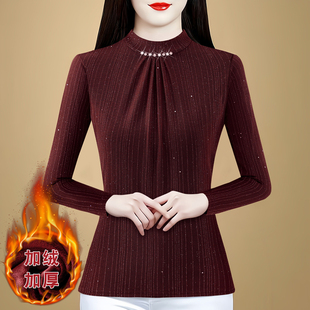 钉珠加绒加厚内搭打底衫 保暖亮丝网纱T恤女上衣秋冬新款 中年长袖