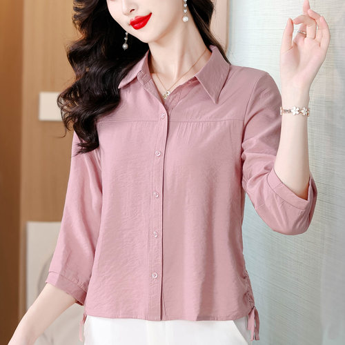 洋气纯色雪纺衬衫女七分袖