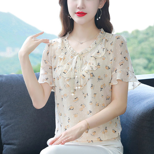 碎花洋气雪纺小衫夏女士短袖上衣
