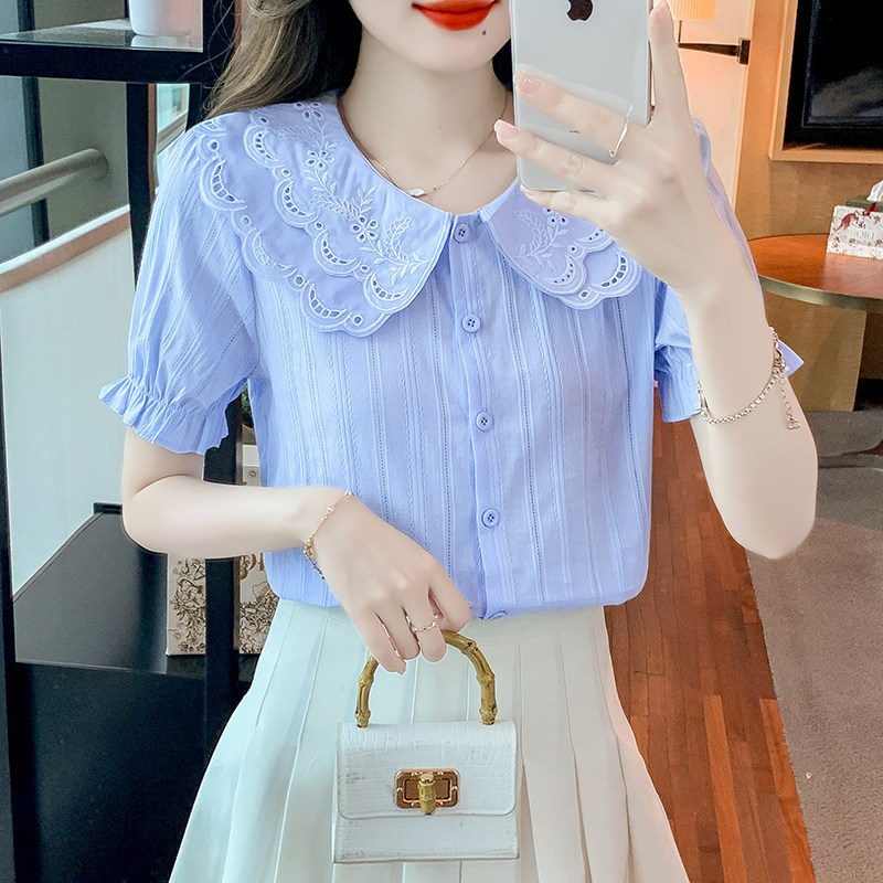 甜美纯棉衬衫女上衣2025夏装新款娃娃领女式短袖棉麻洋气衬衣小衫