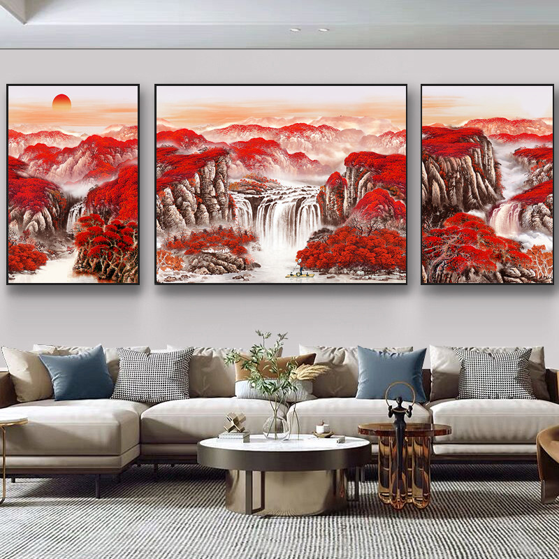 鸿运当头客厅装饰画沙发背景墙挂画山水聚财背有靠山大气三联壁画