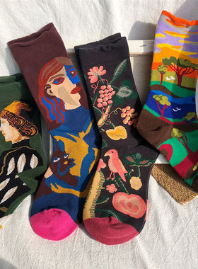 潮袜复古学院风油画创意彩色情侣袜子秋季男女韩版插画个性中筒袜