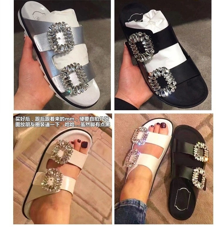 2025 新款rv拖鞋外穿鞋女夏季水钻方扣露趾双环带平底凉拖鞋
