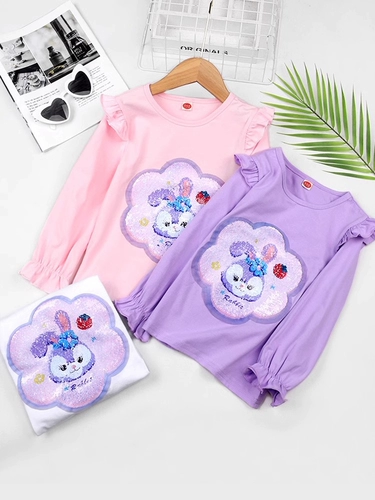 Футболка, осенние мультяшные хлопковые блестки для ногтей, детский приятный телу лонгслив