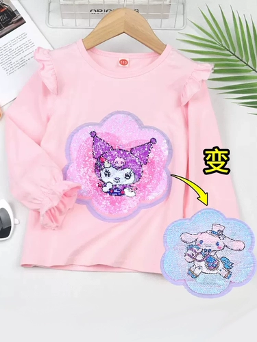 Футболка, осенние мультяшные хлопковые блестки для ногтей, детский приятный телу лонгслив