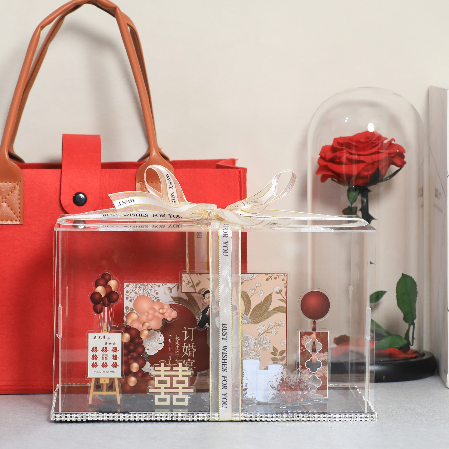 红色婚庆礼盒套装透明亚克力高端定制礼品微景观摆件结婚订婚专用