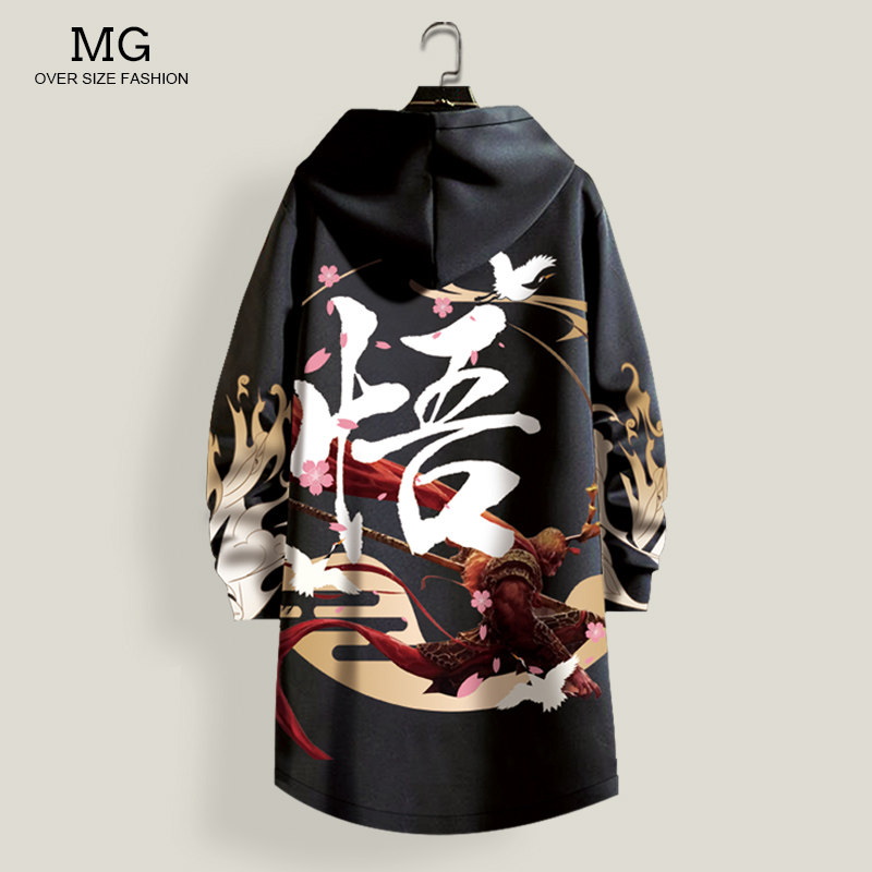 秋季风衣男中长款连帽外套原创齐天大圣印花加厚开衫大码国潮宽松