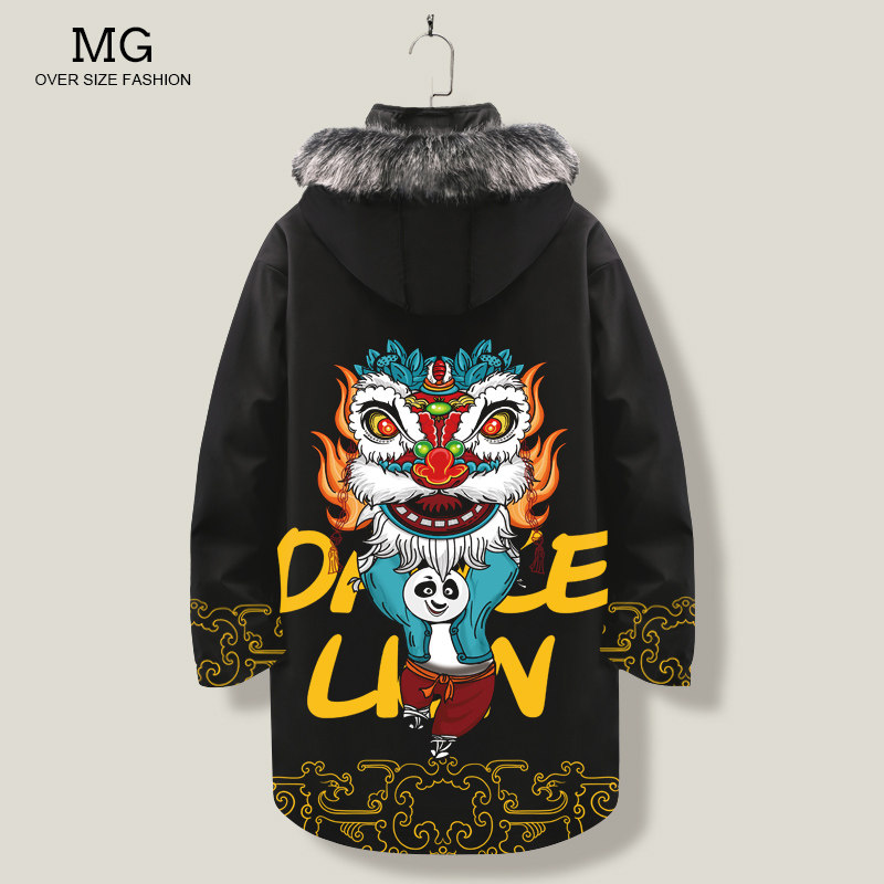 冬季羽绒服男士连帽国潮醒狮印花棉服中长款棉袄国风潮流大衣开衫