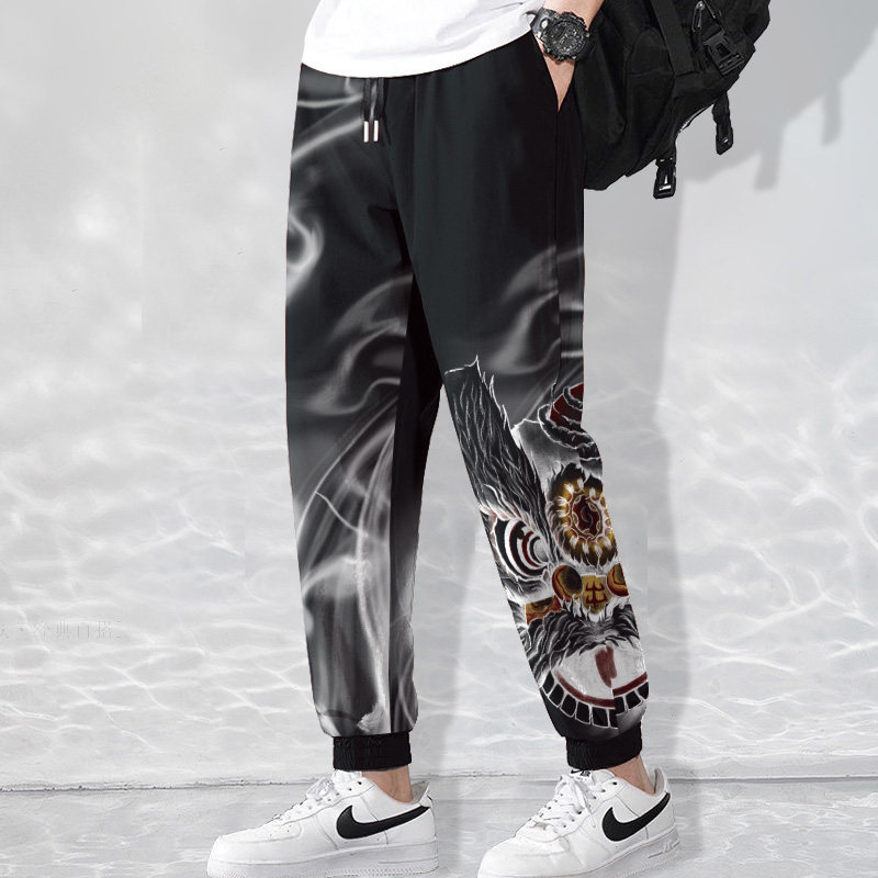 加绒卫裤男士国潮醒狮印花束脚休闲裤国风大码春秋加厚运动长裤子