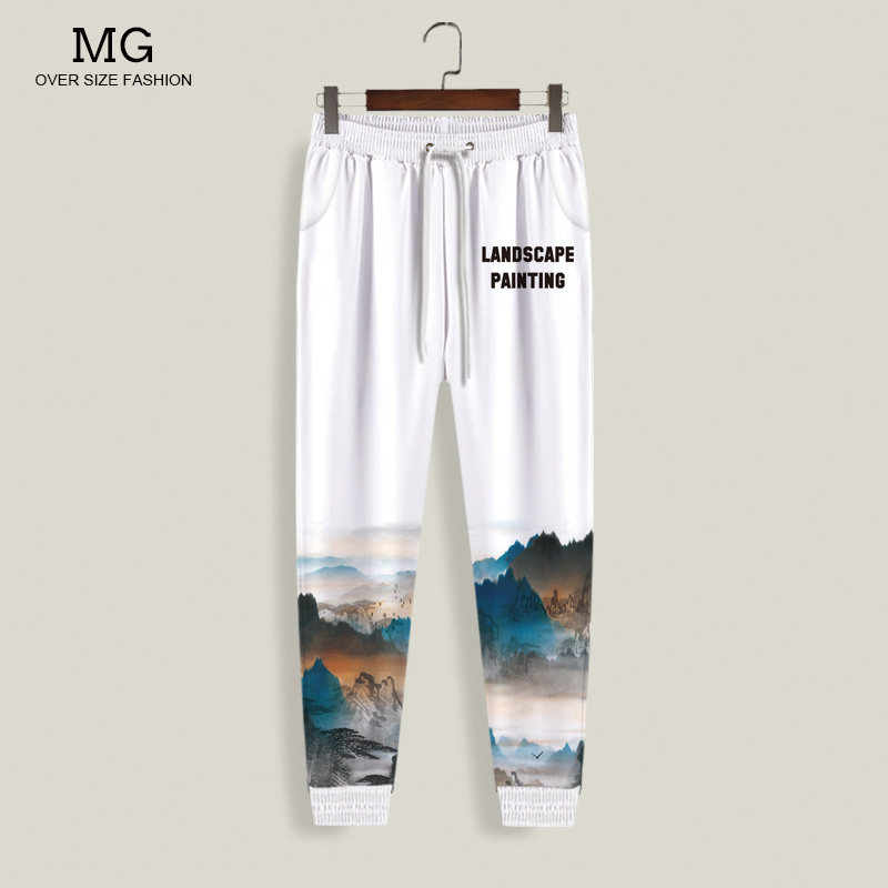 2024新款卫裤男春秋季加绒束脚运动裤大码加肥休闲裤潮流印花长裤