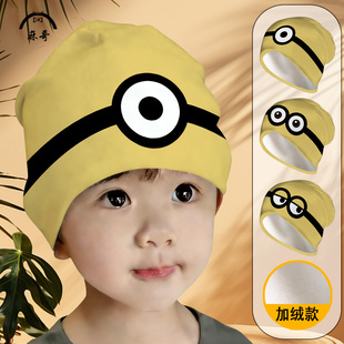 小黄人卡通印花帽子男冬季新款保暖堆堆帽大头围显脸小护耳包头帽