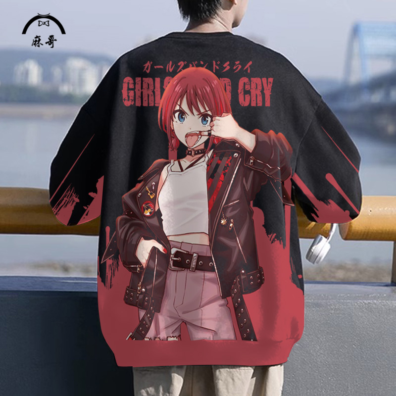 哭泣少女乐队卡通印花卫衣外套男青少年大码加肥上衣圆领长袖T恤