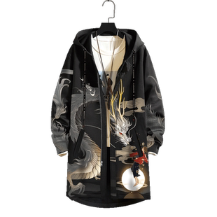 国风中长款风衣男士春秋外套龙纹连帽开衫棉衣大衣派克服厚实潮牌