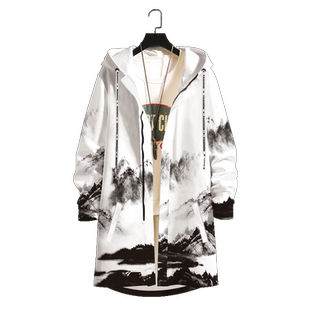 中国风风衣男款春秋水墨画山水外套中长款大衣宽松大码棉服潮派克
