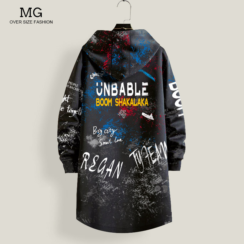 潮牌风衣男秋季中长款连帽开衫大衣涂鸦印花潮流加厚外套休闲男装