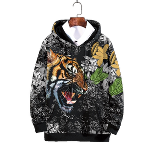 oversize卫衣男春秋加绒老虎头印花休闲运动外套欧美风连帽衫上衣