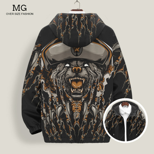 连帽夹克外套男设计感小众狗熊印花开衫茄克秋冬新款大码加肥上衣