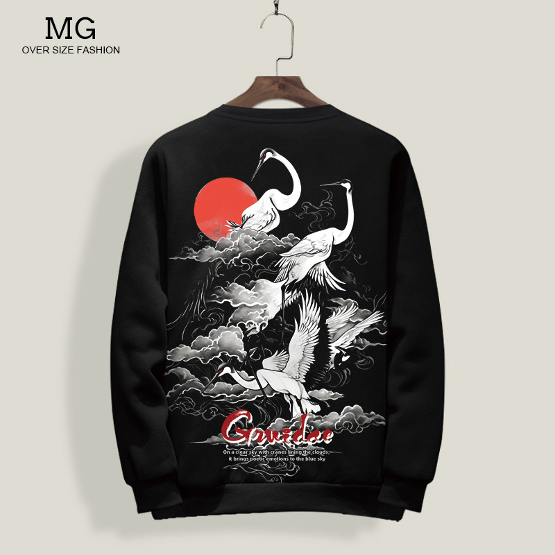 圆领卫衣男长袖T恤薄款春秋季仙鹤印花外套国潮大码运动无帽上衣