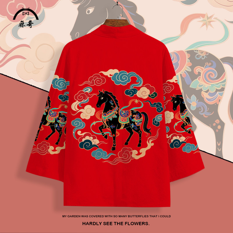 冬季新款马年红色披风外套男本命年潮牌道袍oversize衬衫改良唐装
