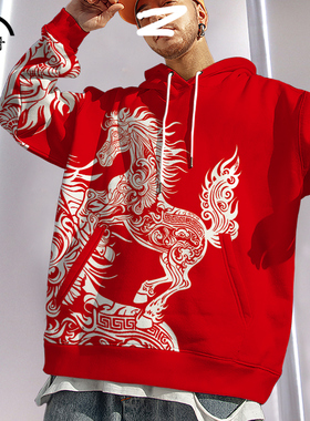 冬季新款马印花连帽卫衣男红色本命年加绒厚外套大码加肥潮牌上衣