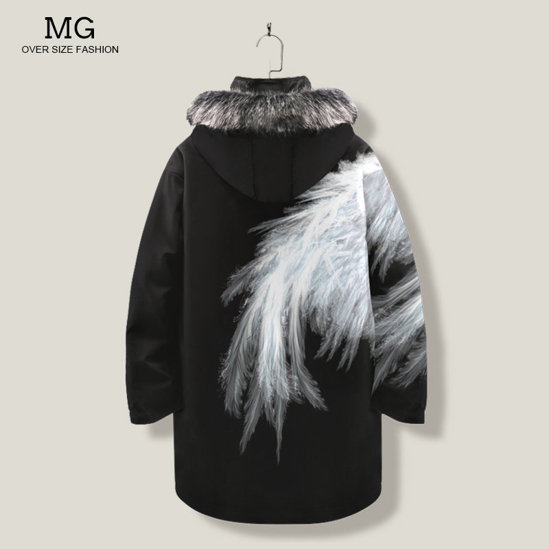 ins潮牌羽绒服男士春秋加厚中长款外套时尚百搭翅膀印花连帽棉服