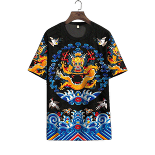 龙袍T恤夏季短袖男士加肥大码潮流半截袖明清朝官服印花体恤上衣
