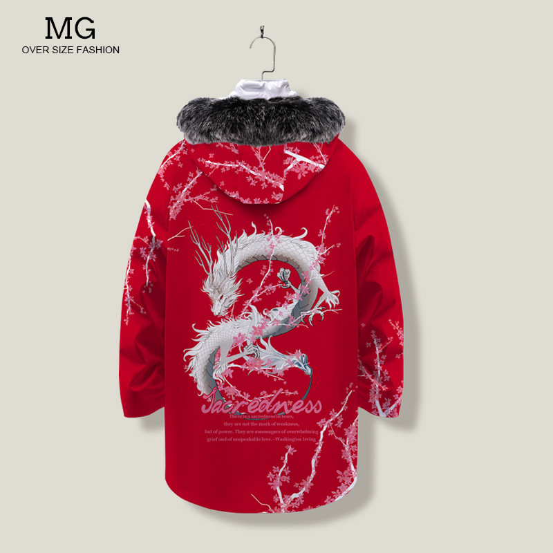 冬季羽绒服男连帽宽松防寒外套大衣龙年本命年衣服中长款过年棉服