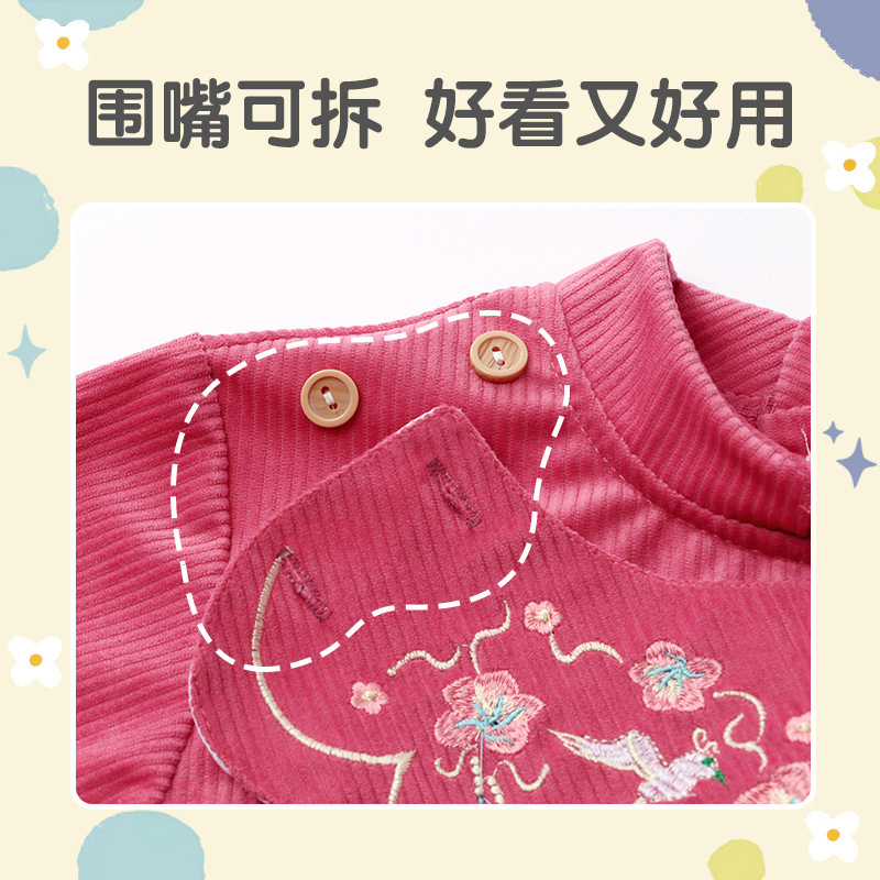 跨境秋冬唐装女宝罩衣吃饭国潮中国风围裙儿童反穿衣3D灯芯绒现货