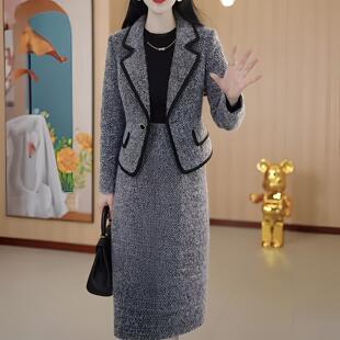 小香风毛呢加厚套装连衣裙2026新款女秋冬中年妈妈大码两件套裙子
