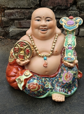 陶瓷14寸招财笑口大肚弥勒佛像摆件开心布袋笑佛工艺品摆件
