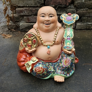 陶瓷14寸招财笑口大肚弥勒佛像摆件开心布袋笑佛工艺品摆件