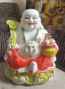 陶瓷色油哈哈佛弥勒佛坐莲花笑佛如意聚宝盆笑佛工艺品装饰摆设