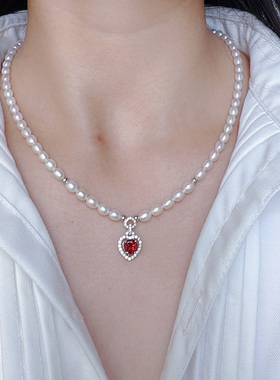 法式爱心石榴石珍珠项链锁骨链