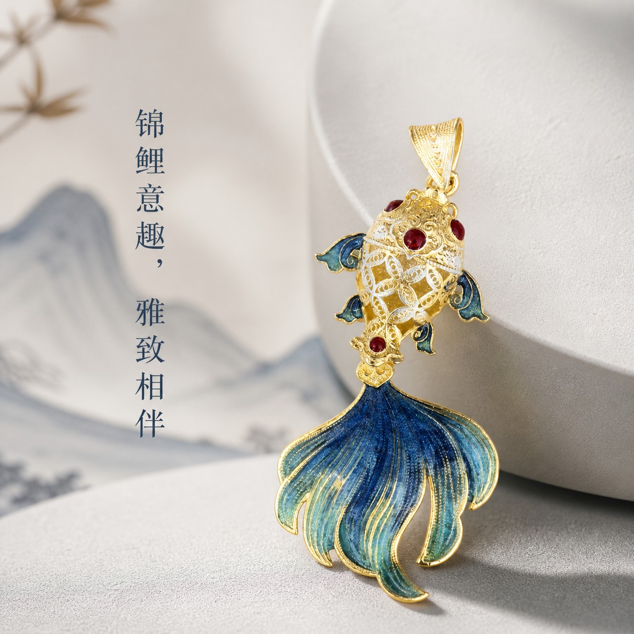 足银花丝珐琅锦鲤吊坠纯银鱼气质百搭短款锁骨链项链送朋友闺蜜图片