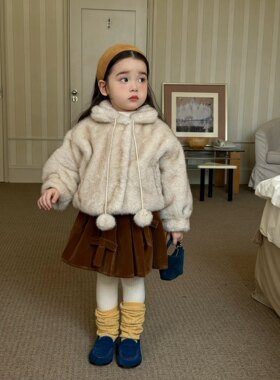 断码清仓25冬新款女童韩系连帽毛毛外套女宝加绒加厚仿皮草上衣