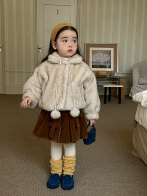 2025秋冬新款女童韩系连帽毛毛外套女宝高级感加绒加厚仿皮草上衣