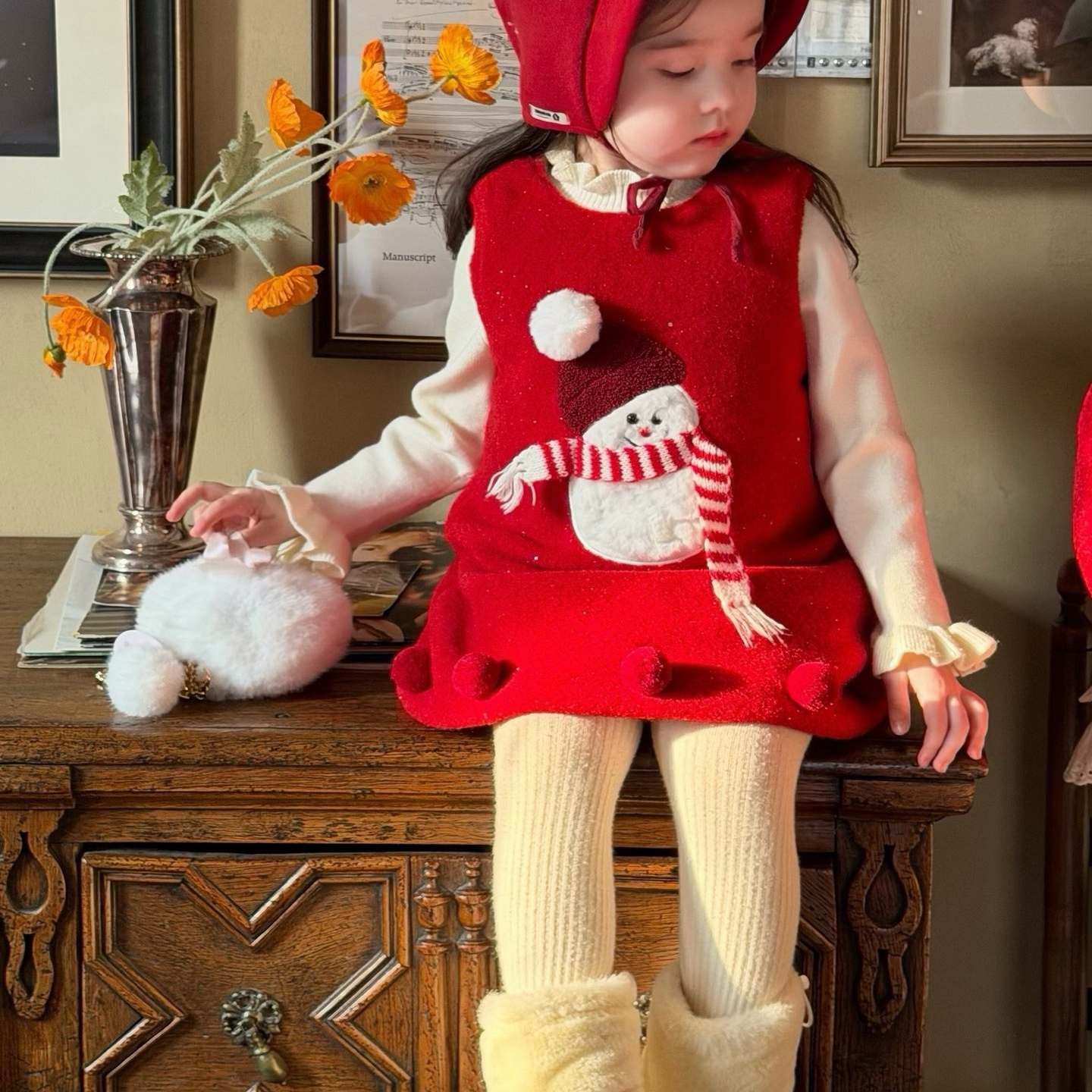 苏西女童2025秋冬新款加绒圣诞雪人背心裙套装新年洋气公主红裙