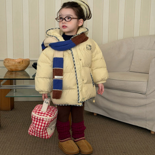 2025年冬韩版中长款90白鸭绒羽绒服女童加厚卡通刺绣连帽保暖外套