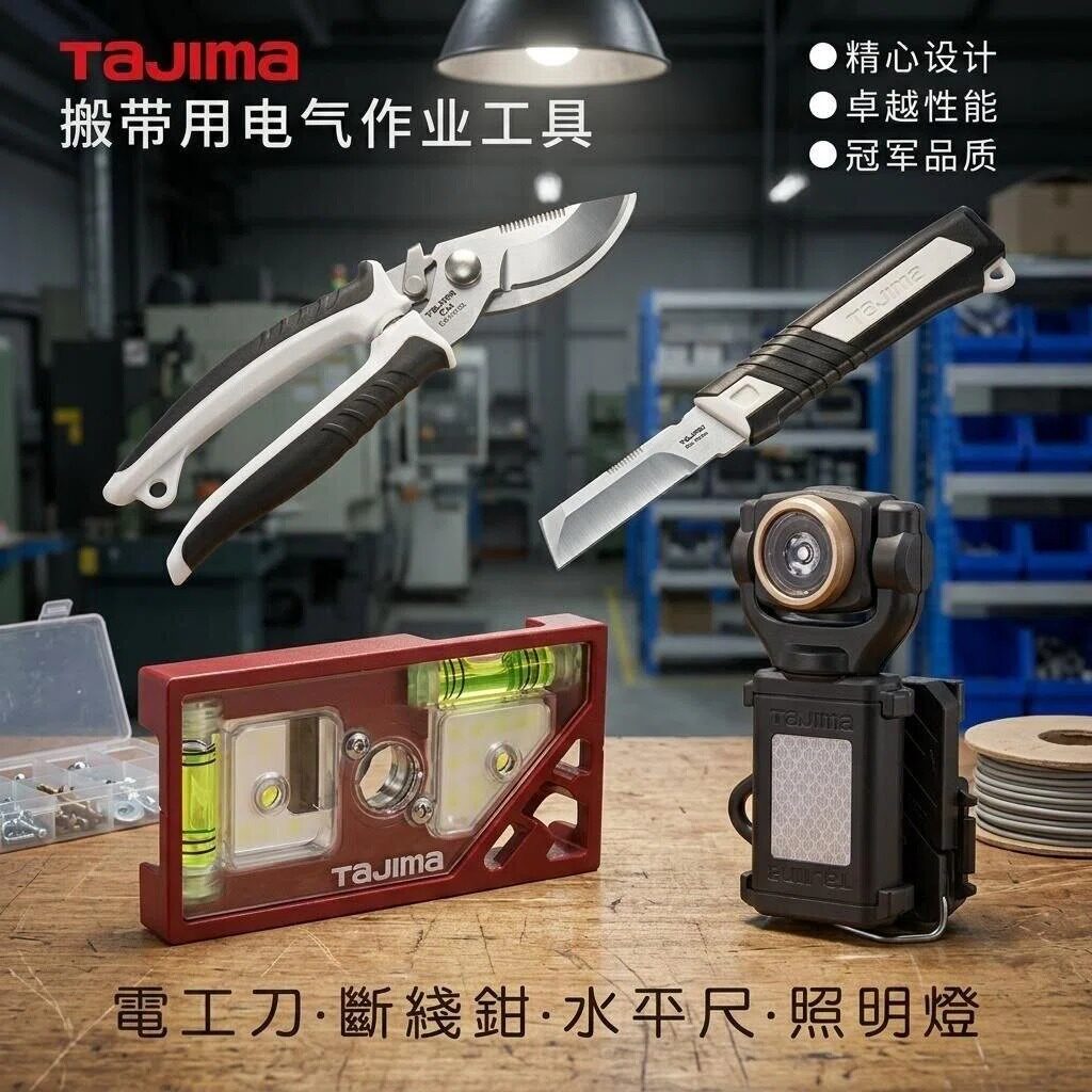 田岛TAJIMA搬带 可脱卸电工刀剪子剪刀剥线 线钳水平尺LED工作灯