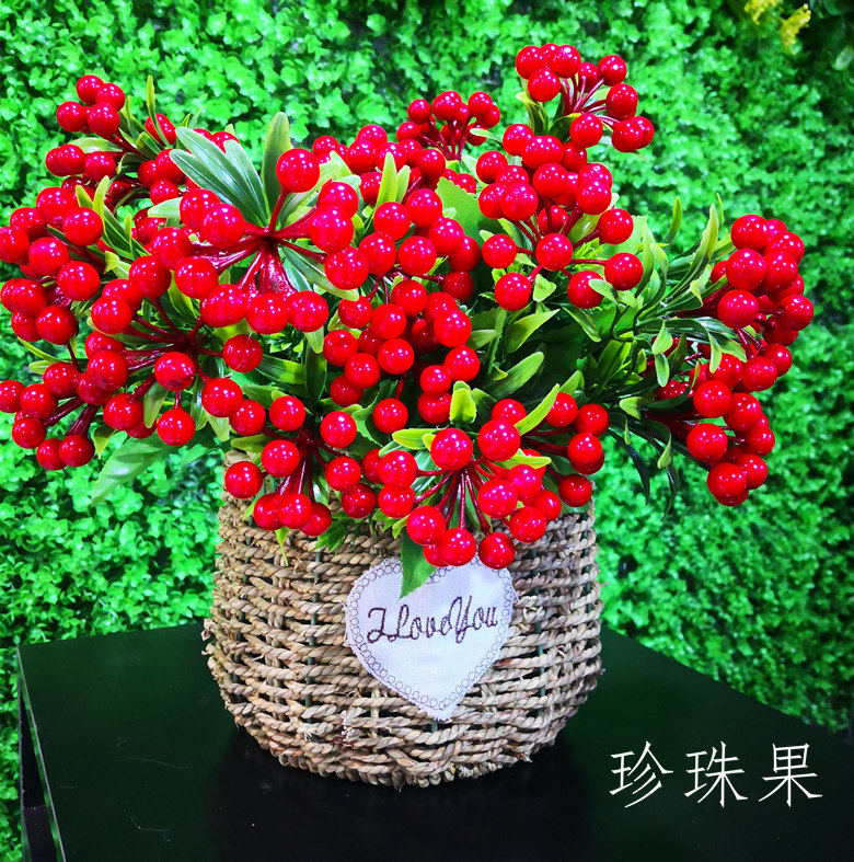 仿真浆果圣诞节布置影视拍摄道具仿真植物果子红色7叉珍珠果